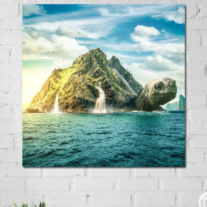 Картина на Канава, LuxCanva® M1418, Островът на костенурките, 75 X 75 СМ, 100% Памучно платно 400гр/м2, Дървена рамка, Изгрев, Океан, Остров, Костенурка, Водопад, Скали, Вода, Птици, Природа, Пейзаж, Магия, Офис, Дневна, Детска стая