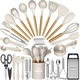 Set 34 Ustensile de Bucatarie, YeeLei®, Lemn/Silicon, Cutite si Accesorii pentru Gatit, cu Lingurita Masurat, Tel Oua, Spatula, Foarfeca, Suport Blat, Antiaderente, Termorezistente, Kaki