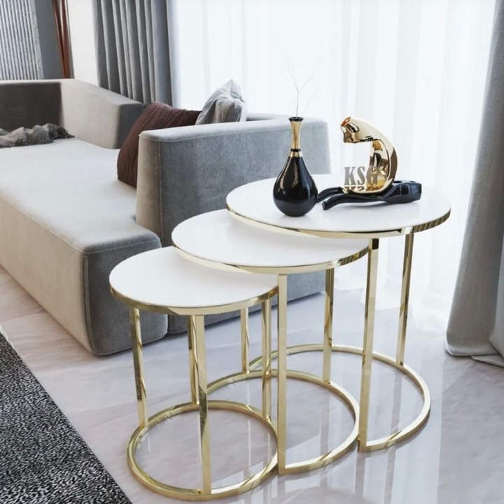 Комплект Кръгли Масички за Кафе – Модерен Дизайн, Стъклен Плот, Елегантен, Бял