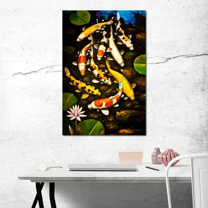 Премиум Канава Картина, LuxCanva® M1420, Щастливо Езерце, 70 X 100 CM, 100% Памучно Платно 400g/m2, Дървена Рамка, Риби, Кои, Вода, Изобилие, Многоцветен, Водни Лилии, Дзен, Камъни, Природа, Хармония, Офис, Хол, Детска Стая