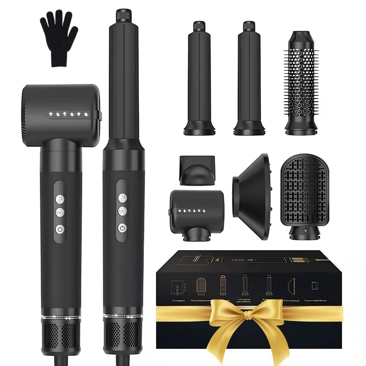Professzionális 7 az 1-ben hajszárító Skylaze, 110000 RPM, levegős hajformázó rendszer fürtökhöz és dússághoz, forgó kefe, automata hajgöndörítő, hajegyenesítő fésű, diffúzor és simító fúvóka, multifunkcionális a teljes hajformázáshoz, Fekete gyémántokkal