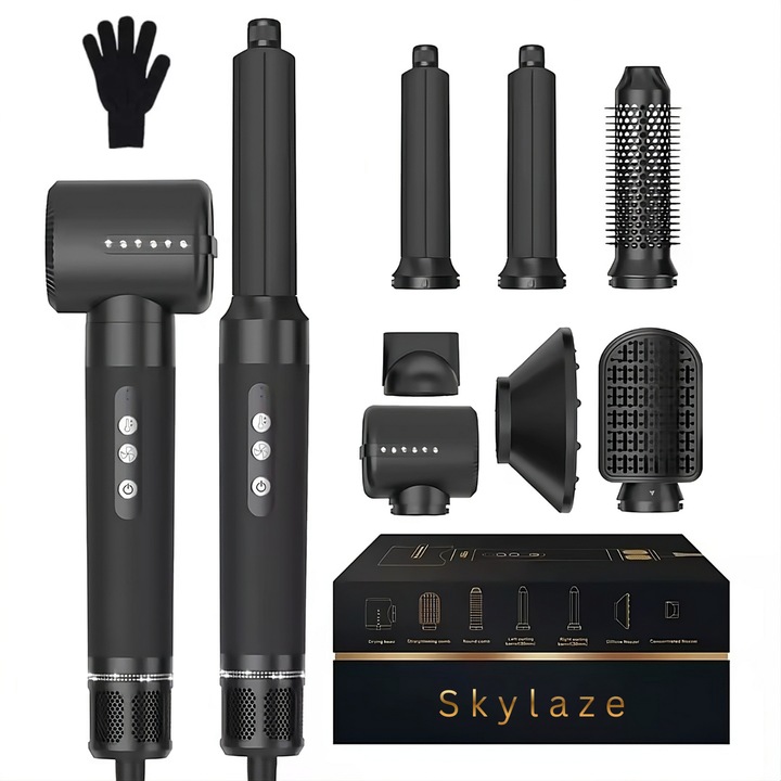 Uscator de par 7 in 1 profesional Skylaze®, Set Wrap Air Styler 110000 RPM, perie cilindrica, ondulator automat, pieptene pentru indreptat, difuzor si duza de netezire, multifunctional pentru styling complet, Negru cu diamante