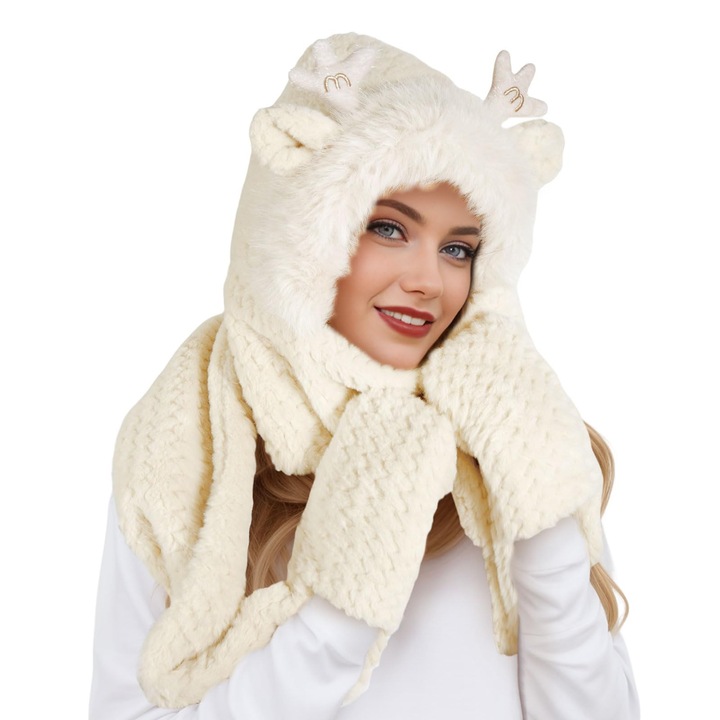 Caciula dama iarna 3 in 1, AllizBan, Blana artificiala, Alb