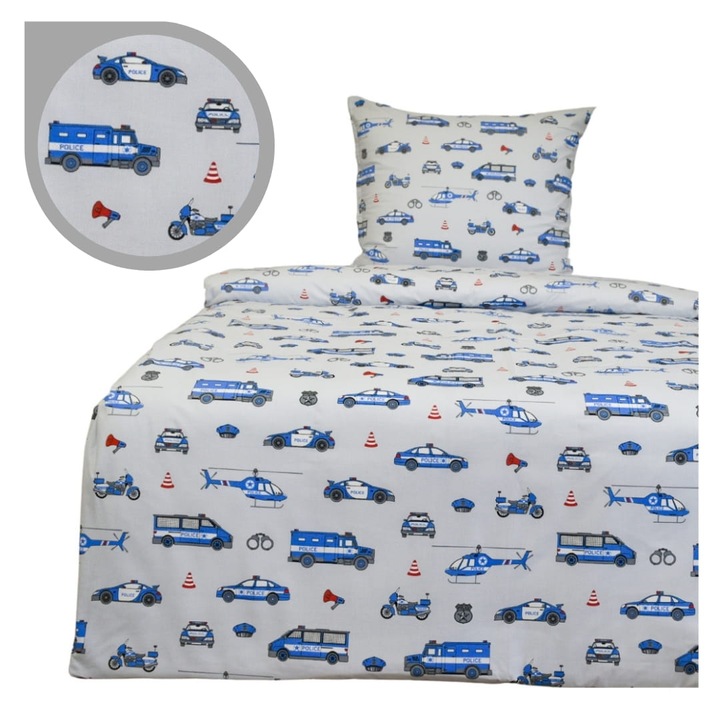 Set De Lenjerie De Pat Pentru Copii, 140 cm x 200 cm, 50 cm x 70 cm, Fermoar, 100% Bumbac, Oeko-Tex Standard 100, Hipoalergenic, Politie Pe Gri, Gri