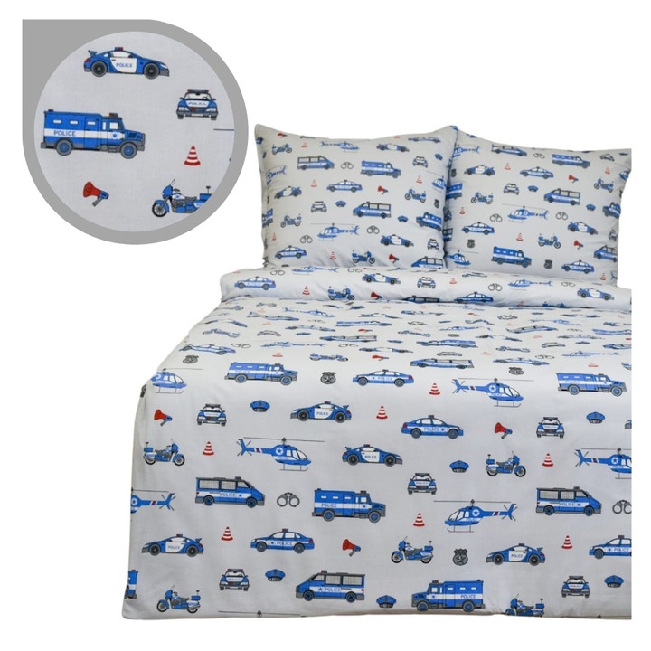 Детски спален комплект, 160 см x 200 см, 70 см x 80 см, Цип, 100% Памук, Oeko-Tex Standard 100, Хипоалергенен, Полиция на сиво, Сив