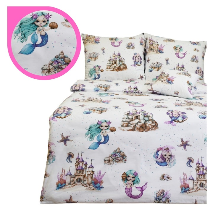 Set De Lenjerie De Pat Pentru Copii, 140 cm x 200 cm, 50 cm x 70 cm, Fermoar, 100% Bumbac, Oeko-Tex Standard 100, Hipoalergenic, Sirene, Alb / Albastru Deschis / Gri