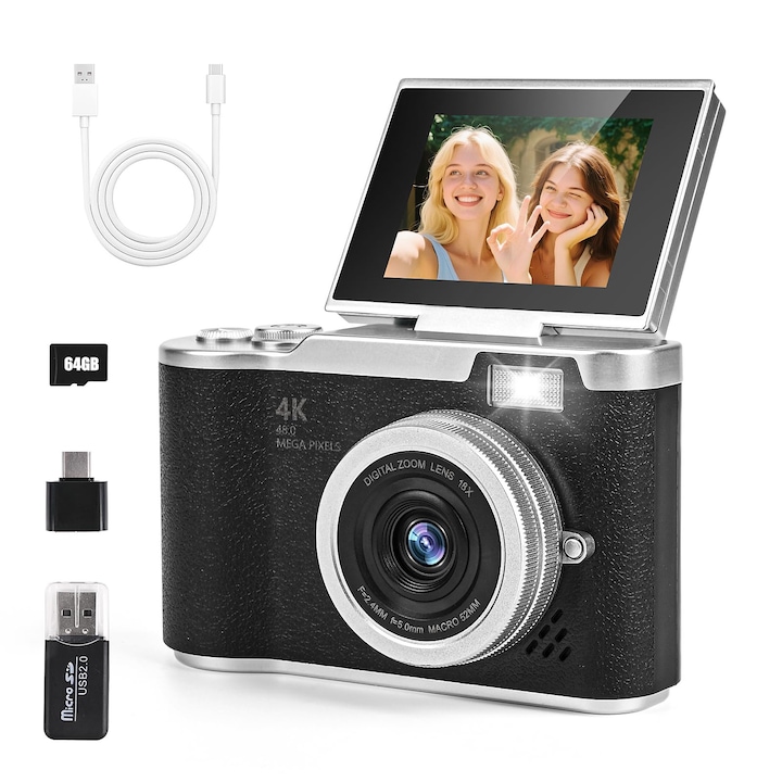 Aparat foto digital, 4K, 48MP, ecran rabatabil 2.4 inch, cu card de memorie de 64 GB, portabil, autofocus, pentru copii, adulti, varstnici, incepatori, OUYLAF, negru