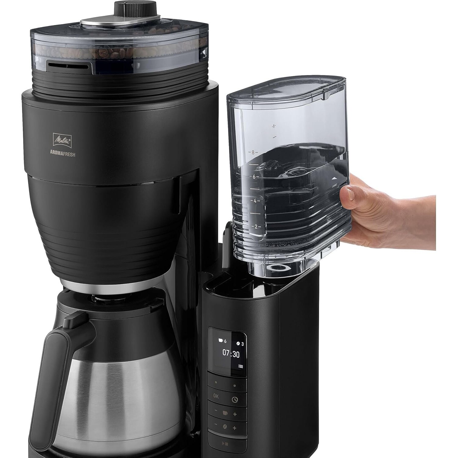 Cafetiera Melitta AromaFresh Therm Pro X, cu rasnita, filtru pentru cafea, cana termica si rezervor de apa detasabil, pentru pana la 8 cesti de cafea, neagra