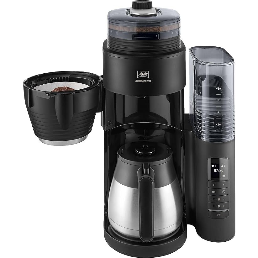 Cafetiera Melitta AromaFresh Therm Pro X, cu rasnita, filtru pentru cafea, cana termica si rezervor de apa detasabil, pentru pana la 8 cesti de cafea, neagra