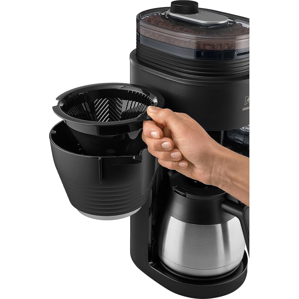 Cafetiera Melitta AromaFresh Therm Pro X, cu rasnita, filtru pentru cafea, cana termica si rezervor de apa detasabil, pentru pana la 8 cesti de cafea, neagra