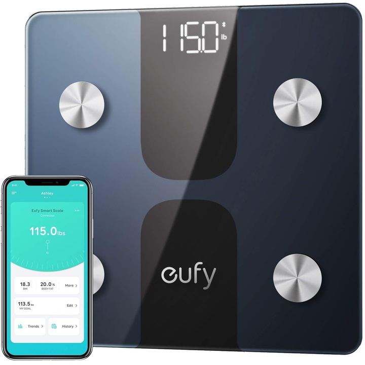 Cantar corporal inteligent Eufy C1, display LED, bluetooth, 12 parametri, pana la 16 utilizatori, compatibil Apple Health/Google Fit/Fitbit, Blue