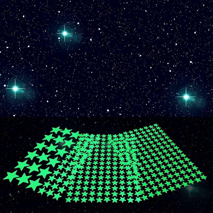 Set stickere decorative stralucitoare in intuneric, 211 bucati, 16 stele mari, 90 stele medii, 105 stele mici, verde