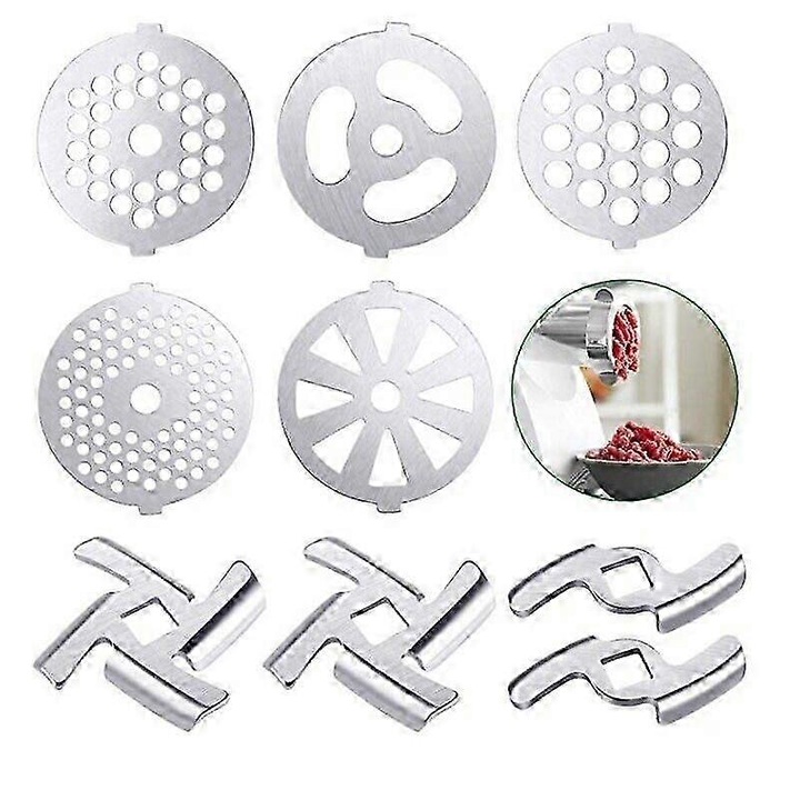 Set 9 piese disc perforat din otel inoxidabil pentru masina de tocat carne, diametru 70mm, grosime 5mm, gauri 5mm/7mm