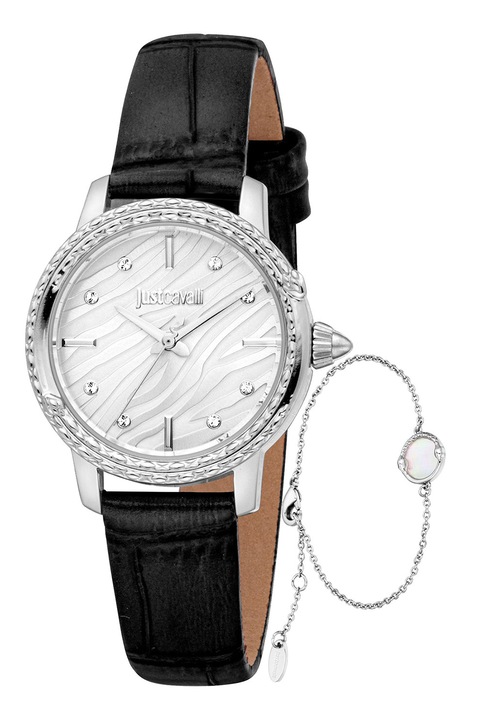 JUST CAVALLI, Set de ceas quartz si bratara din otel inoxidabil, Argintiu, Negru