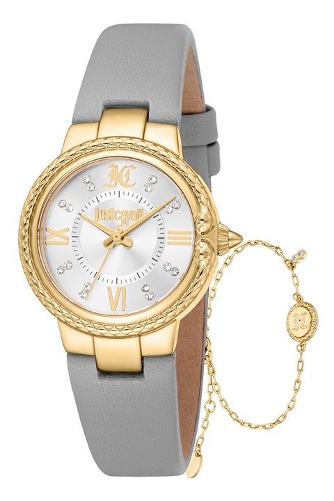 JUST CAVALLI, Bőrszíjas karóra logóval, Aranyszín, Sötétszürke