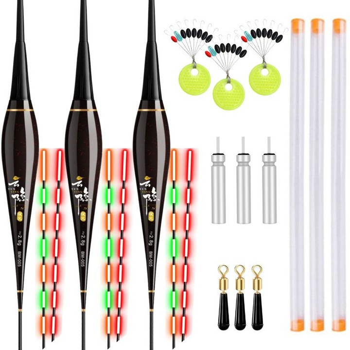 Set 3 buc Pluta de Pescuit cu Led de Noapte Inteligenta 3.2 grame, Fixa si Culisanta, Iluminare prin Fibra Optica, Schimbare de Culoare a Ledului cand Trage Pestele