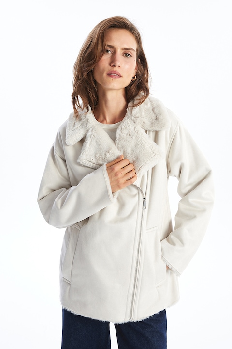 LC WAIKIKI, Geaca scurta cu guler din blana sintetica, Bej deschis