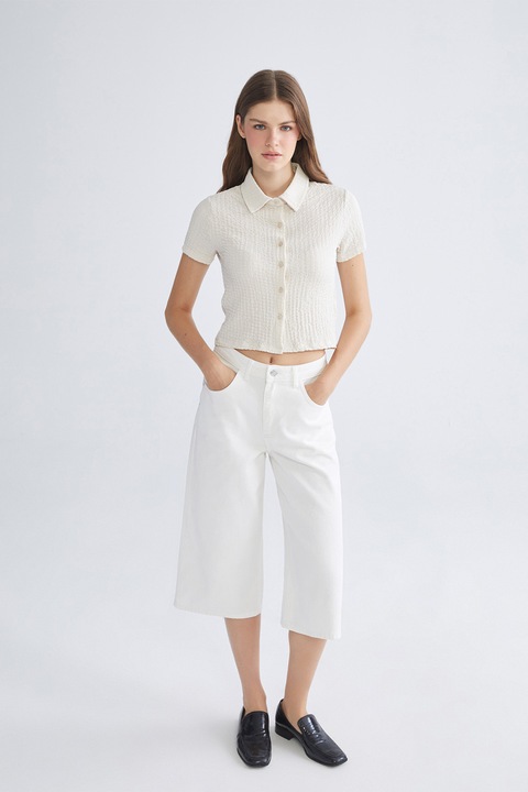 LC WAIKIKI, Camasa crop texturat cu maneci scurte, Bej deschis, L