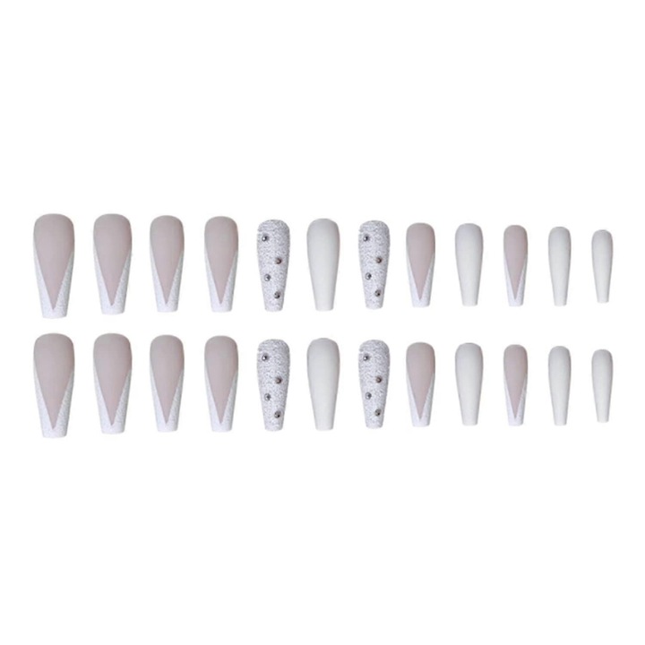 Akril koporsó alakú műköröm, 24 darab, különböző méretekben, kristály mintákkal, fehér