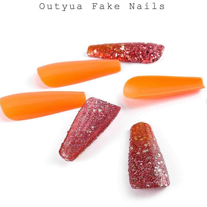 Hosszú koporsó alakú sárga műköröm, 12 darabos szett, ABS anyagból, egyszerű felhelyezés