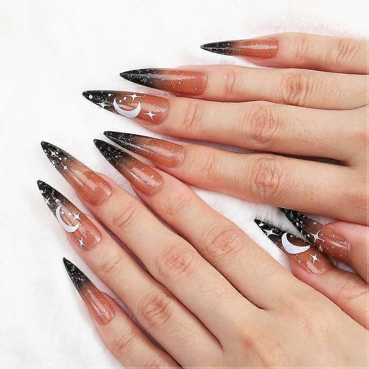 Set unghii false acrilice cu strasuri, 24 bucati, usor de aplicat, pentru ocazii sociale