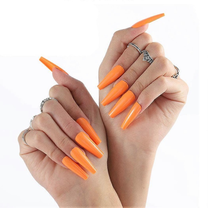Set unghii false elegante, 24 bucati, diverse dimensiuni, portocaliu