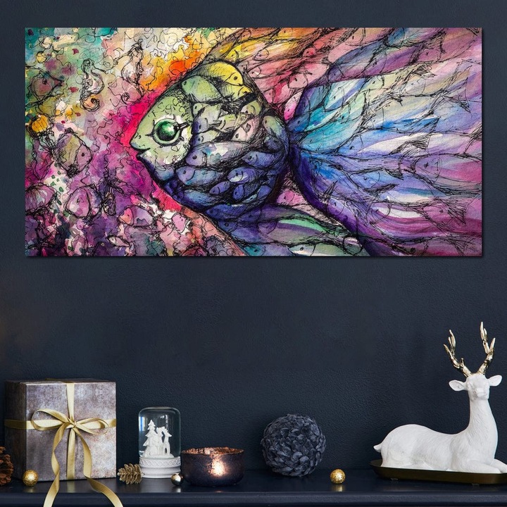 Премиум платно картина, LuxCanva® M1421, Водна мозайка, 60 X 120 СМ, 100% памучно платно 400гр/м2, Дървена рамка, Картина, Вода, Морски, Рисунка, Абстрактно изкуство, Хармония, Вълни, Многоцветен, Риби, Офис, Хол, Детска стая