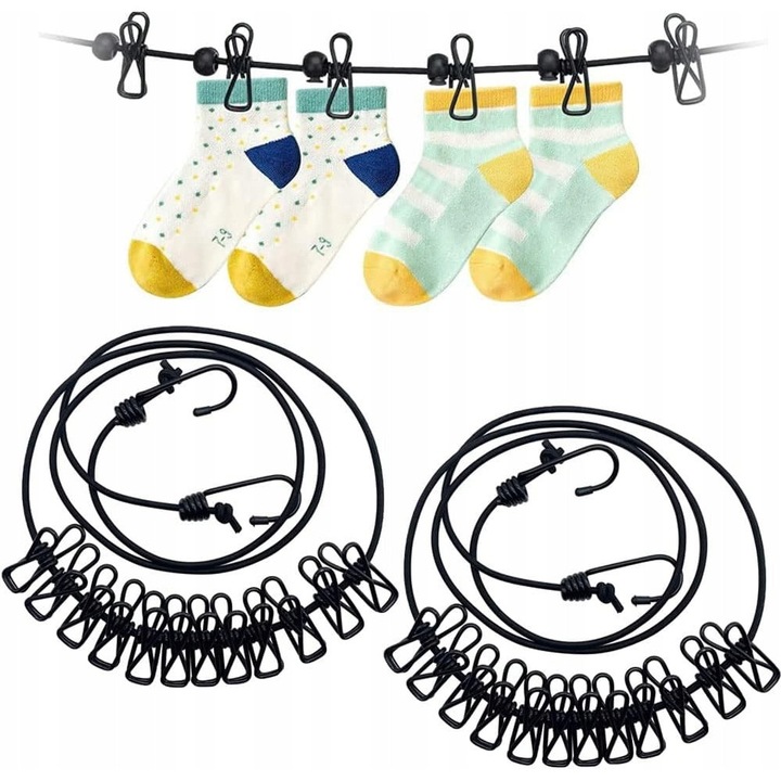 Set 2 linii de uscat rufe, 12 cleme, elastica, 180x360cm, negru