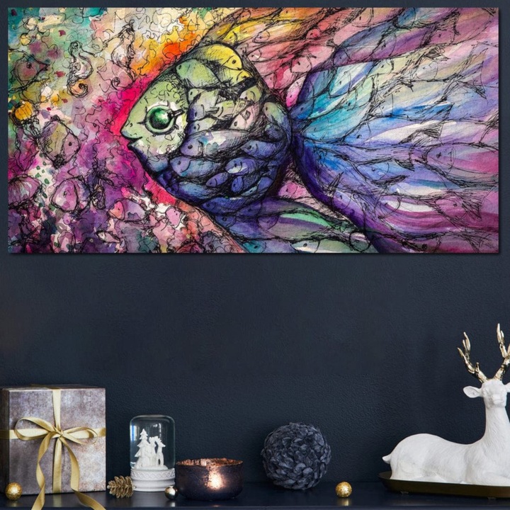 Tablou Canvas Premium, LuxCanva® M1421, Mozaic Acvatic, 50 X 100 CM, Panza Bumbac 100% 400g/m2, Sasiu Lemn, Pictura, Apa, Marin, Desen, Arta Abstracta, Armonie, Valuri, Multicolor, Pesti, Birou, Living, Camera Copil