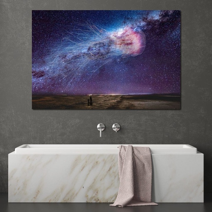Премиум Канава картина, LuxCanva® M1422, Космическа Медуза, 70 X 100 СМ, Платно 100% Памук 400гр/м2, Дървена рамка, Звезди, Галактика, Вселена, Медуза, Деца, Дух, Сияен, Плаване, Магия, Офис, Хол, Детска стая
