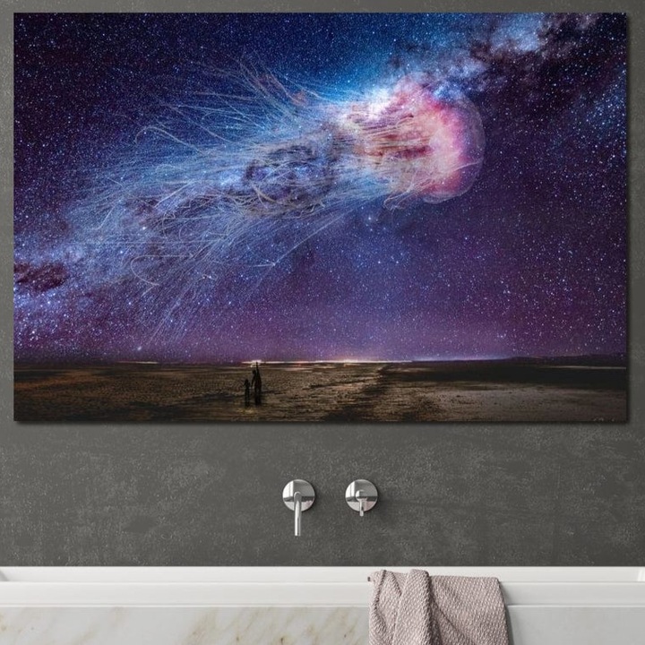 Tablou Canvas Premium, LuxCanva® M1422, Meduza Cosmica, 100 X 150 CM, Panza Bumbac 100% 400g/m2, Sasiu Lemn, Stele, Galaxie, Univers, Meduza, Copii, Spirit, Stralucitor, Plutire, Magie, Birou, Living, Camera Copil