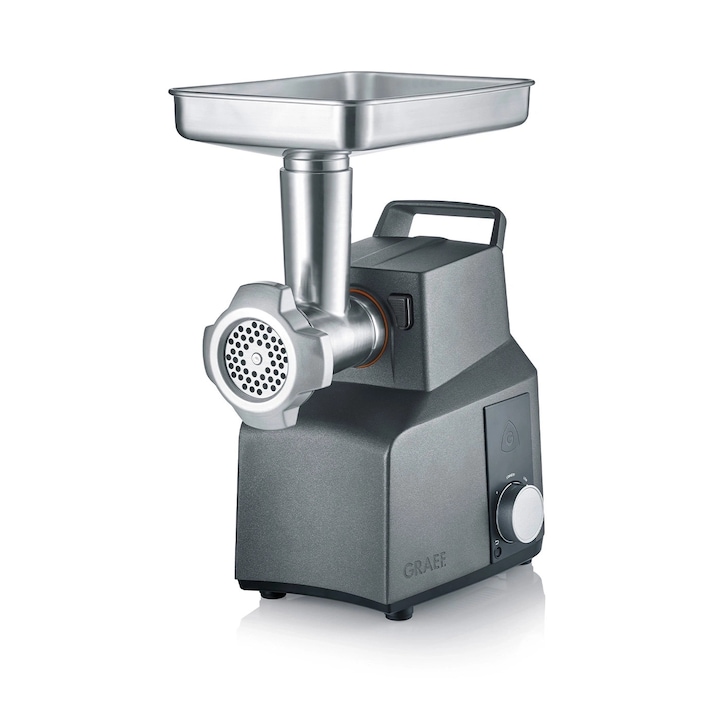 Masina de tocat carne Graef, 2 trepte de viteza, 800 W, functie reverse, 4 site, accesoriu carnati, kebbe, biscuiti 2.6 kg/min, sertar depozitare accesorii, gri