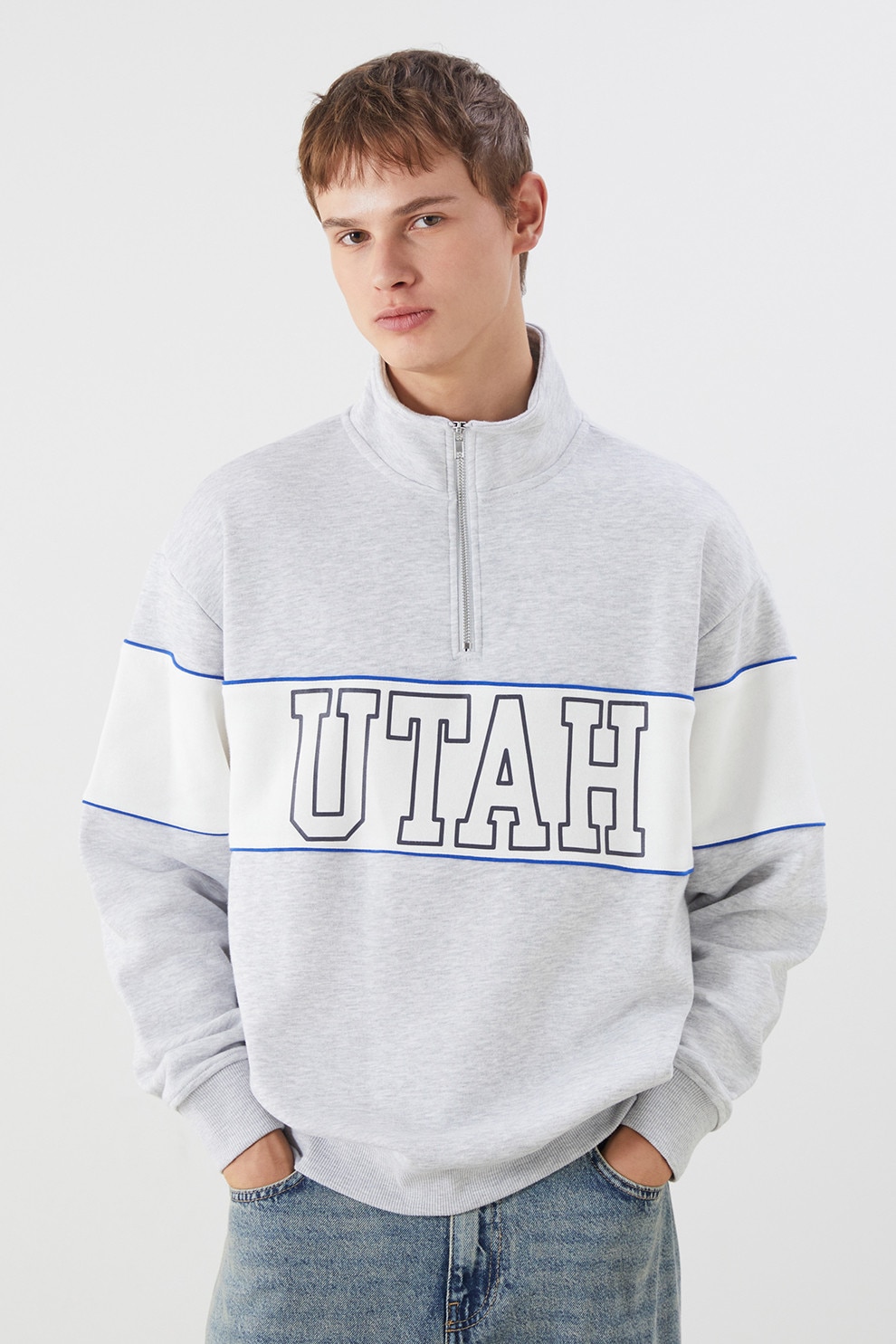 LC WAIKIKI, Bluza de trening cu fenta scurta cu fermoar, Alb, Gri LC WAIKIKI, Bluza de trening cu fenta scurta cu fermoar, Alb, Gri