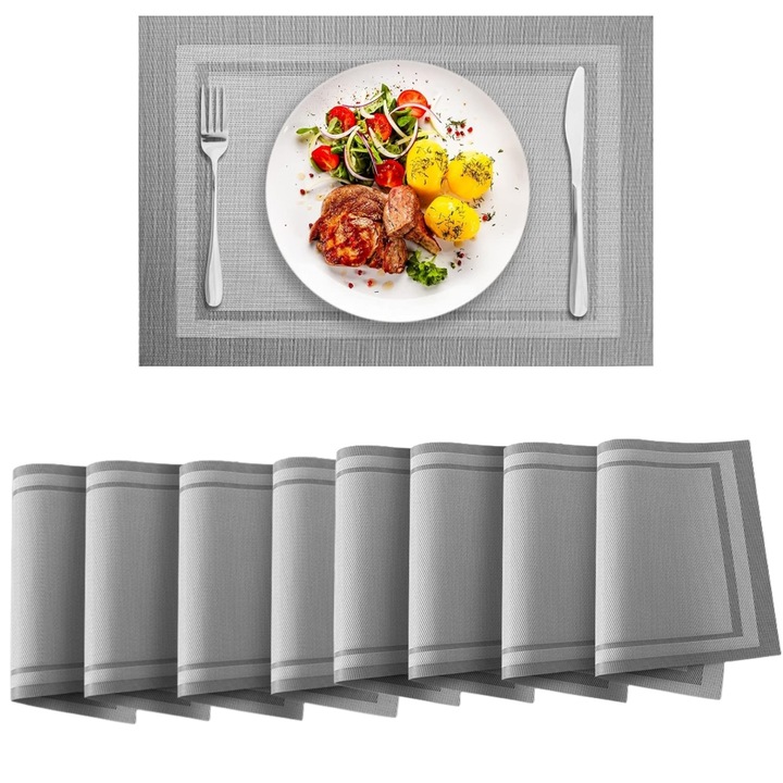 Set 8 suporturi pentru farfurie, 45x30 cm, PVC/Poliester, Vanaxalife®, Gri