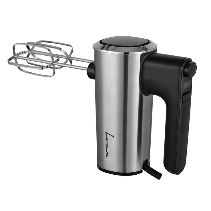 Ръчен миксер Fram FHM-4006DSS, 400 W, 6 скорости + Турбо, LCD екран, Телчета и куки от неръждаема стомана Черен/Инокс