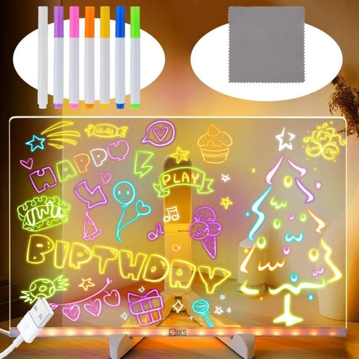 Tabla Pentru Desen Si Scriere Acrilica SIKS Cu Iluminare LED, Interactiva, Multifunctionala, 7 Markere Colorate, Suport Reglabil Inclus, Ideala Pentru Copii, Birou, Organizare, Cablu USB, 30x20cm, Alb