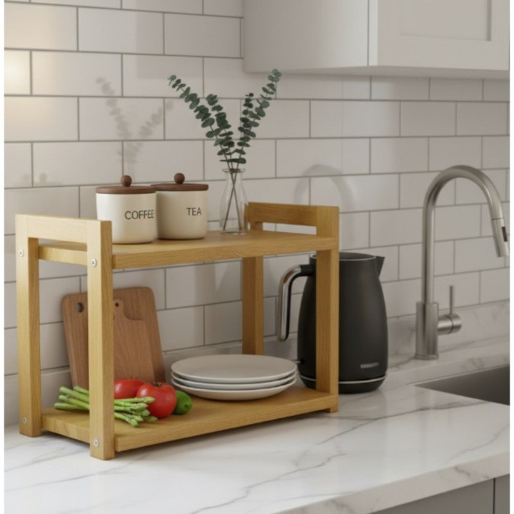 Raft organizator din stejar masiv, handmade, finisat natural cu ulei food-safe, 29x20x44 cm