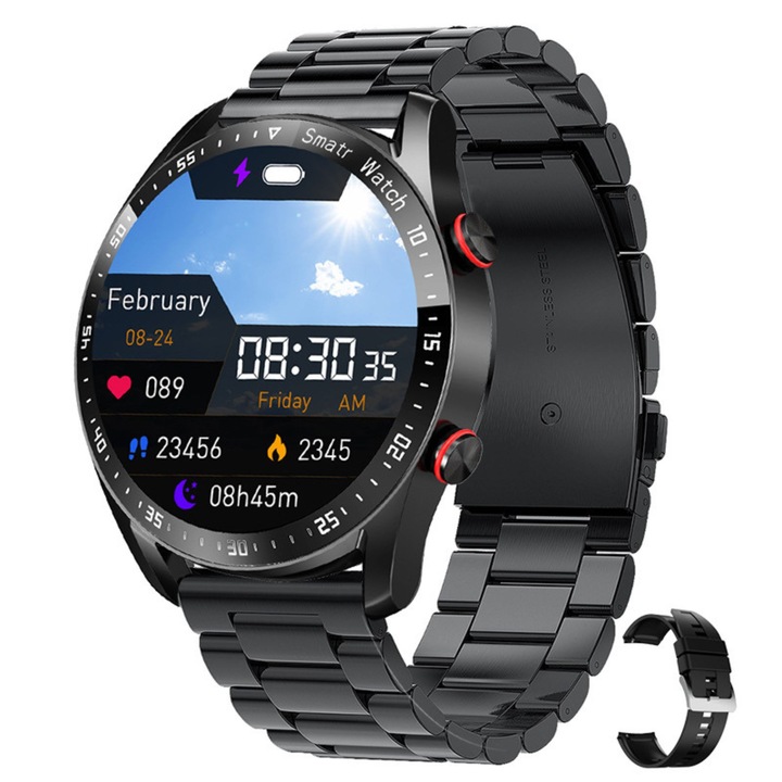 Smartwatch COSDIMI, cu ecran tactil color de1.28 inch, model unisex, rezistent la apa IP67, capacitate baterie 200mAh, compatibil cu iOS/Android, negru, 2 bratari incluse, functie de monitorizare a sanatatii, pedometru