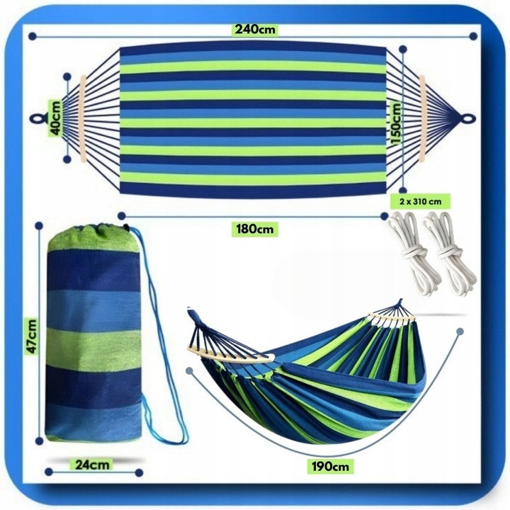Hamac dublu, Luka, 240cm, 250kg, 65% bumbac, 35% poliester, set complet cu linii si sac de transport