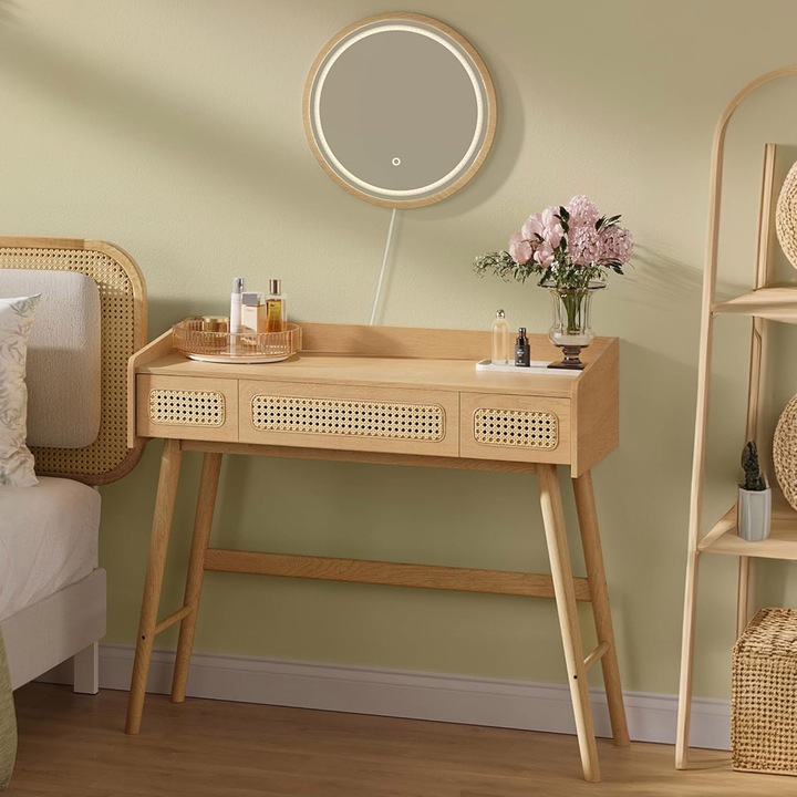 Masuta de toaleta SONGMICS cu oglinda iluminata LED, 3 sertare aspect ratan, stil boho, MDF si lemn, 80x43x135 cm, bej