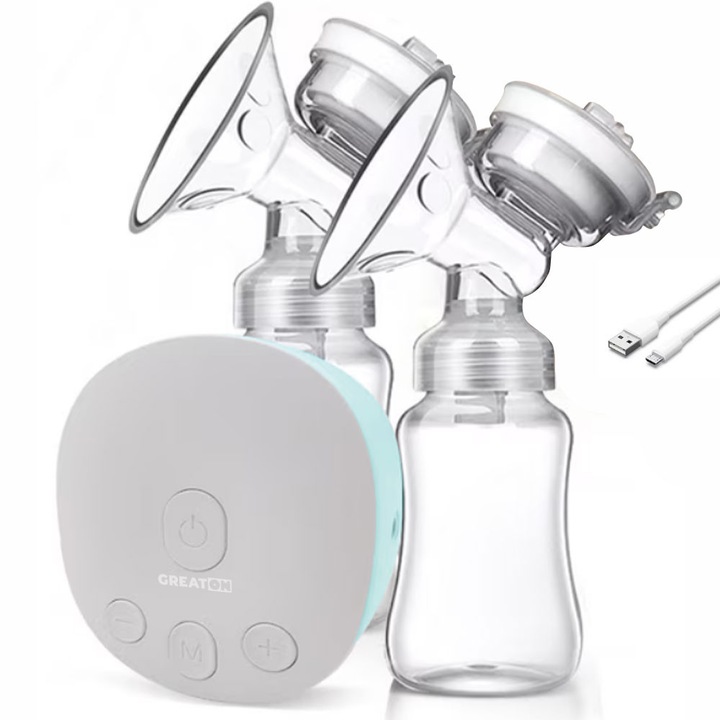 GREATON Elektromos Mellszívó, Hordozható, USB Tápellátású, Újratölthető Akkumulátor, Laktáció Stimuláló Funkció, 9 Intenzitási Fokozat, BPA-mentes Biztonságos Anyagok, Két 150 ml-es Cumisüveg Mellékelve, Levehető és Mosható Alkatrészek, Zöld/Fehér