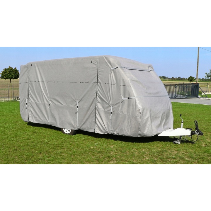 Husa pentru remorca de camping 740-770cm, 4 straturi, 7 curele de stabilizare, gri, 775x250x240cm