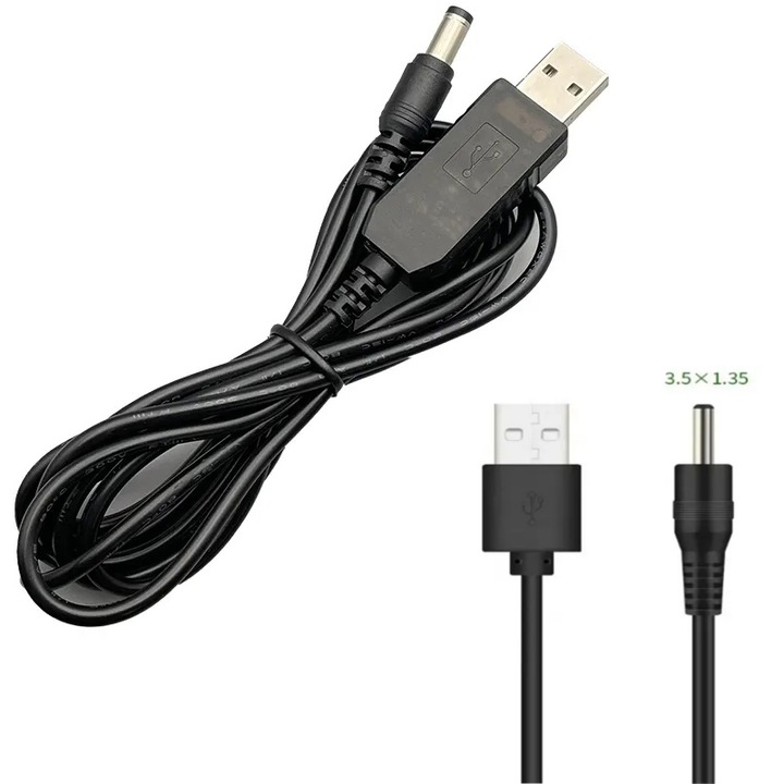 Cablu de alimentare USB, fara marca, manson CC 1.35/3.5 mm, lungime 60 cm, culoare negru, material plastic, 1 bucata