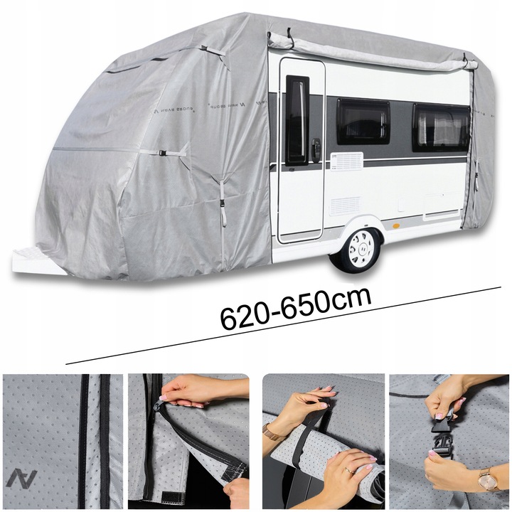 Husa pentru remorca camping 620-650cm, 4 straturi, 6 curele de stabilizare, gri, 655x250x240cm