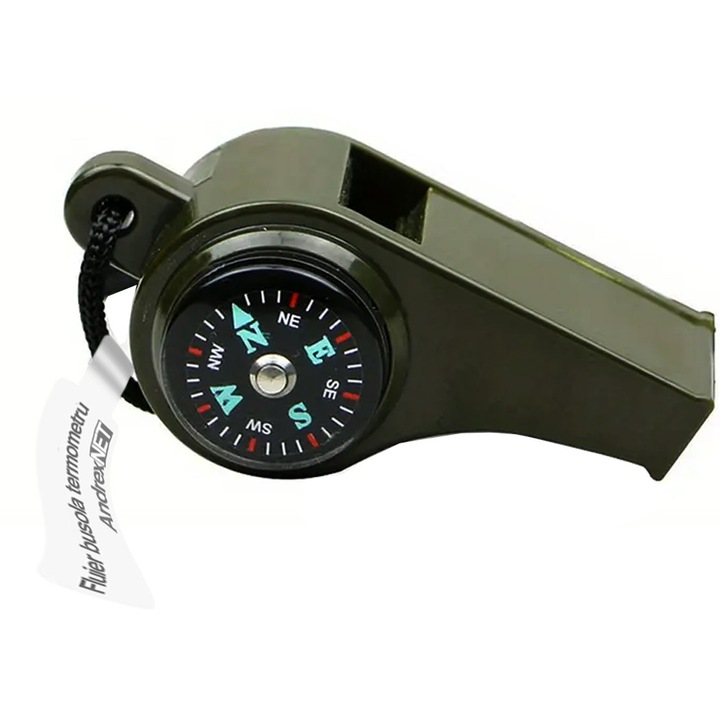 Fluier 3in1, cu busola si termometru, pentru drumetii sau sport, verde inchis