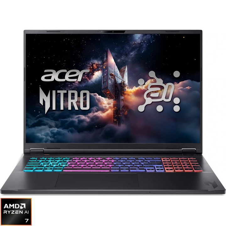 Laptop Acer Gaming 18'' Nitro 18 AI AN18-61, WQXGA IPS 165, Procesor AMD Ryzen™ Al 7 350 (16M Cache, up to 5.0 GHz), 32GB DDR5, 1TB + 1TB SSD, GeForce RTX 5070 8GB, No OS, Obsidian Black