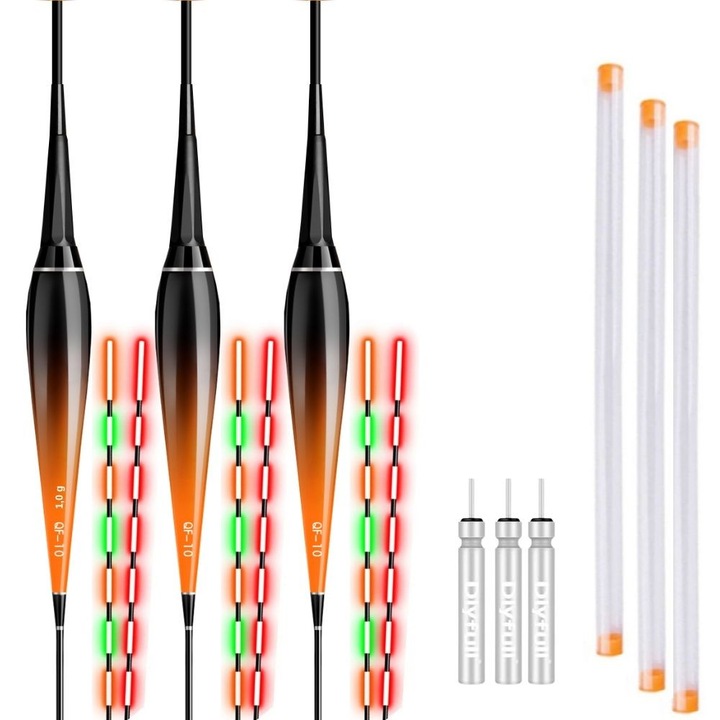 Set 3 buc Plută Pescuit HIPOLAR 1,0 grame, LED schimba culoarea, cu senzor, verde-portocalie/rosu, pentru noapte
