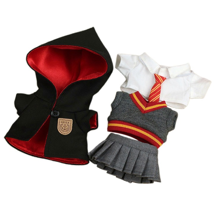 Babaruha szett, 17 cm, overállal és kalappal, többszínű