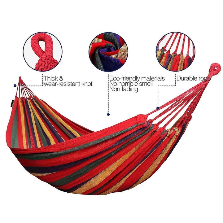 Hamac de exterior, 260x150cm, capacitate 200kg, cu suport pentru 2 persoane, portabil cu geanta de transport