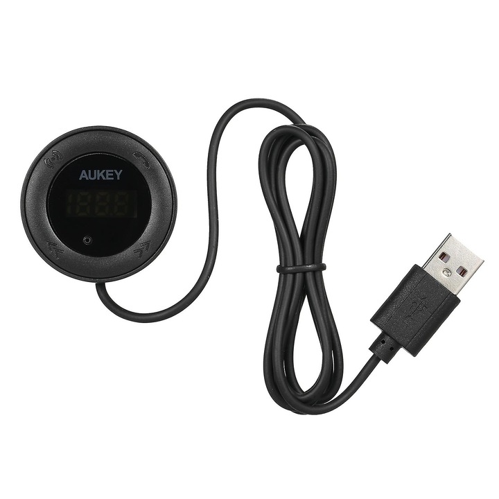 Aukey vezeték nélküli FM transzmitter, Bluetooth autós audio adapter, zajcsökkentő technológia, fekete, 10m
